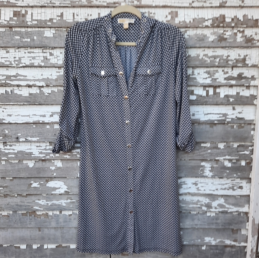 Michael Kors Navy and White Printed Midi Shirt Dress